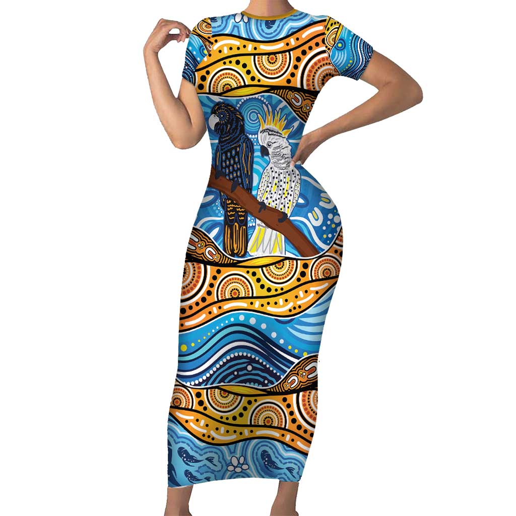 Australia Birds Aboriginal Art Family Matching Short Sleeve Bodycon Dress and Hawaiian Shirt