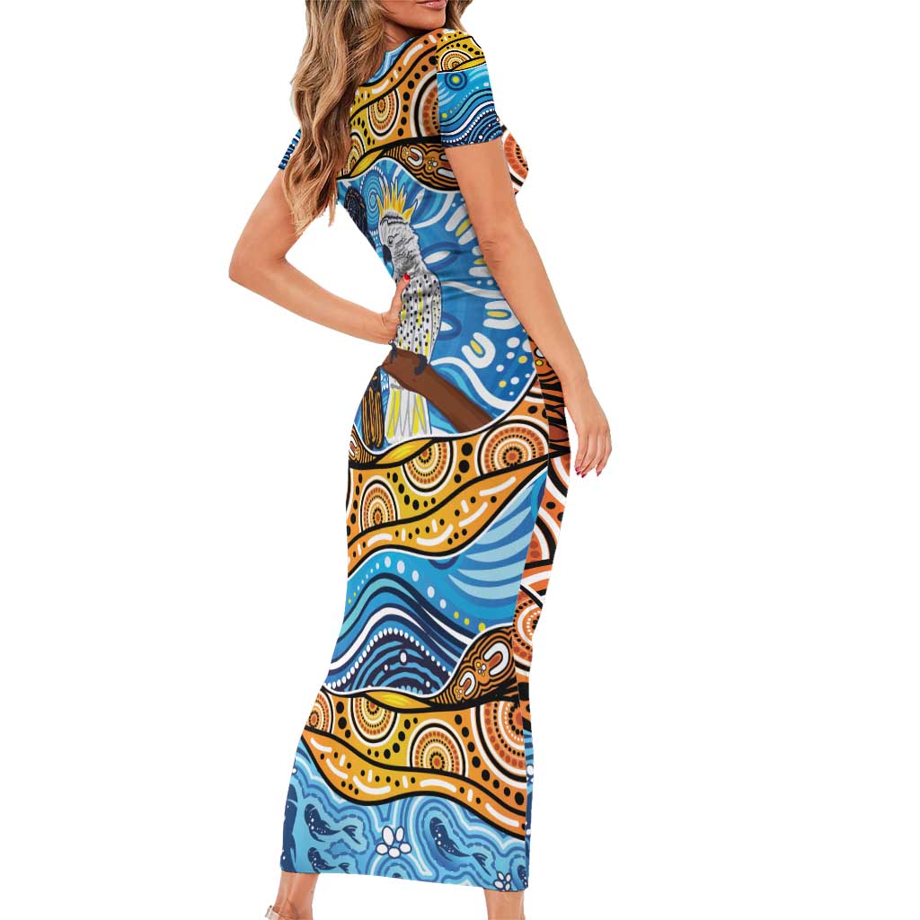 Australia Birds Aboriginal Art Family Matching Short Sleeve Bodycon Dress and Hawaiian Shirt
