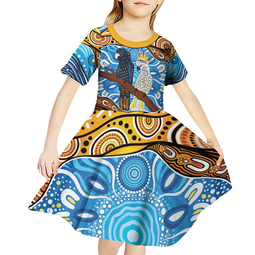 Australia Birds Aboriginal Art Kid Short Sleeve Dress