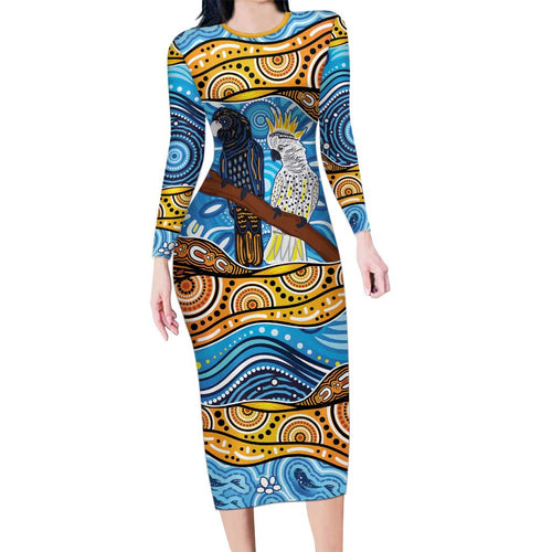 Australia Birds Aboriginal Art Long Sleeve Bodycon Dress