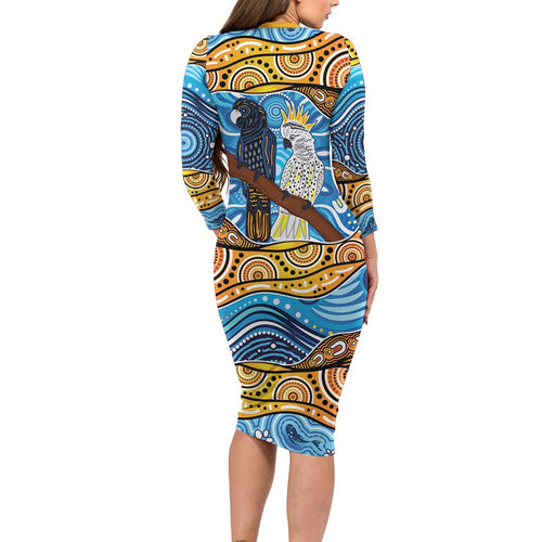 Australia Birds Aboriginal Art Long Sleeve Bodycon Dress