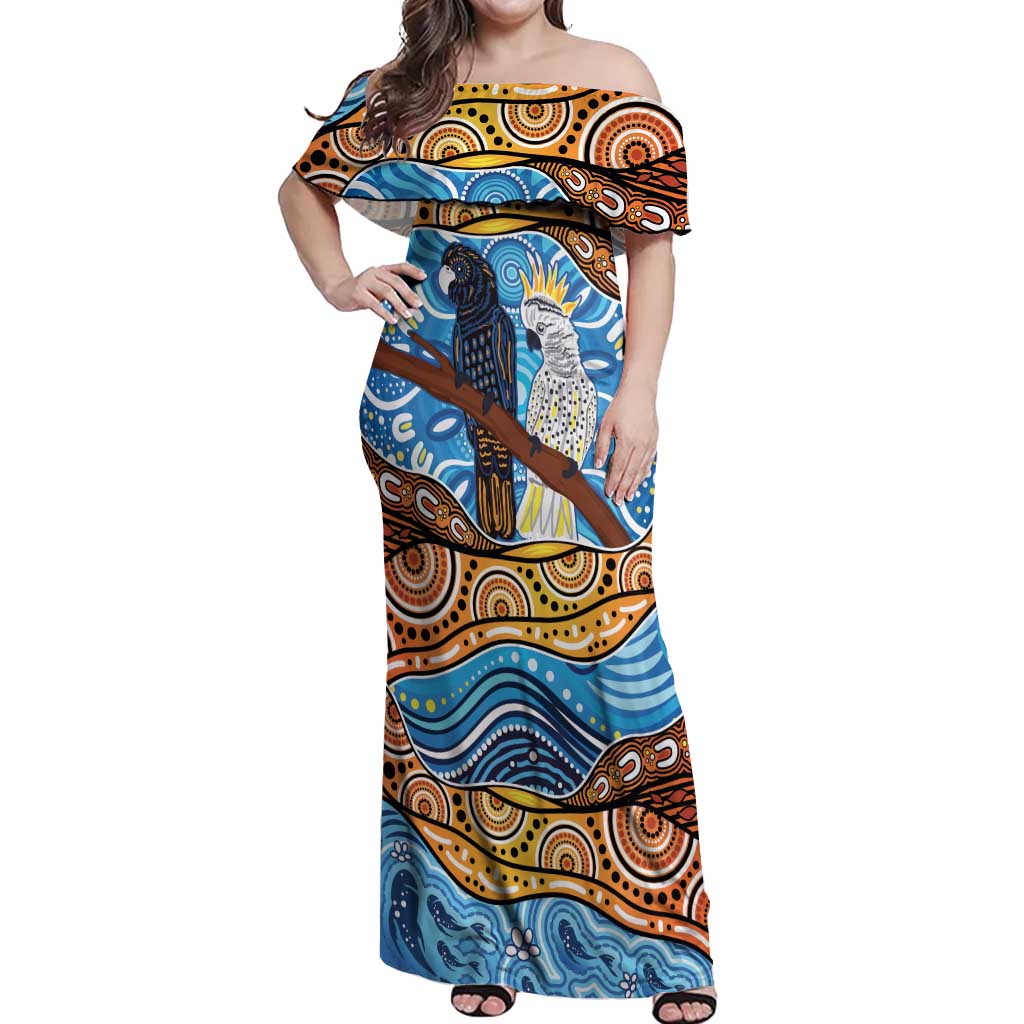 Australia Birds Aboriginal Art Off Shoulder Maxi Dress