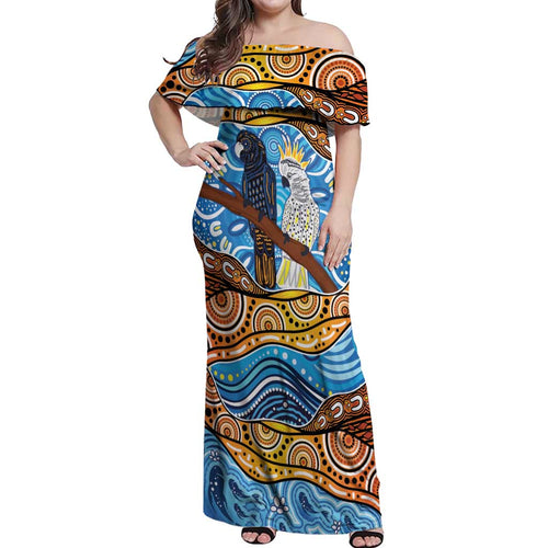 Australia Birds Aboriginal Art Off Shoulder Maxi Dress