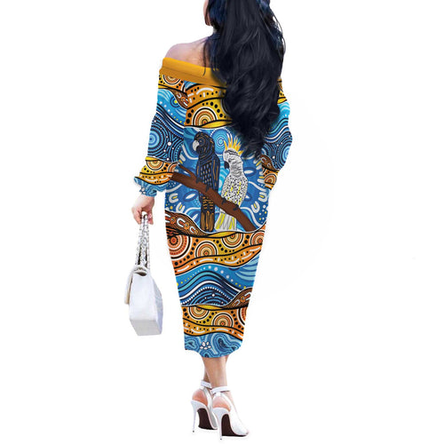 Australia Birds Aboriginal Art Off The Shoulder Long Sleeve Dress