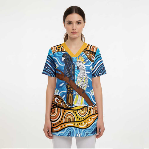 Australia Birds Aboriginal Art Scrub Top - Aussie Hoodie