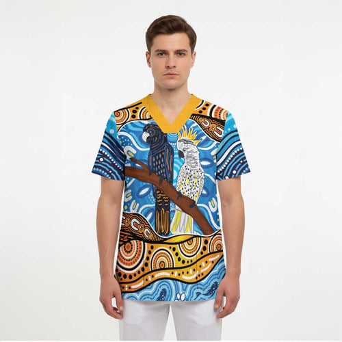 Australia Birds Aboriginal Art Scrub Top - Aussie Hoodie