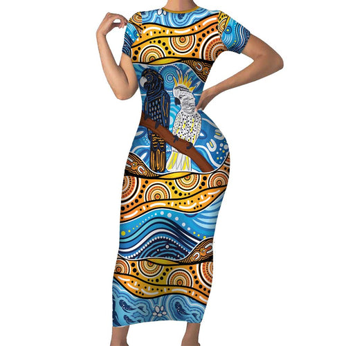 Australia Birds Aboriginal Art Short Sleeve Bodycon Dress