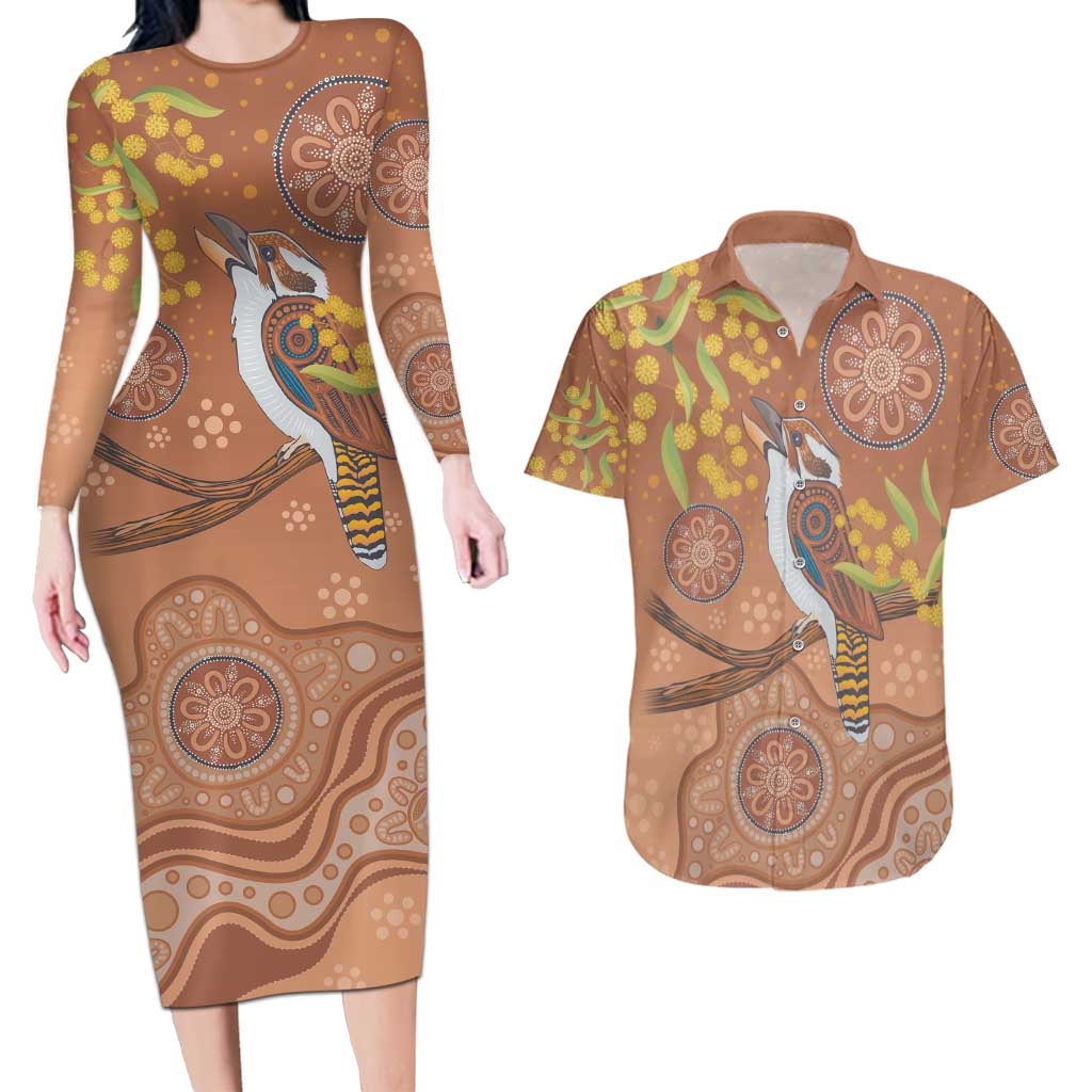 Kookaburra Aboriginal Dot Painting Couples Matching Long Sleeve Bodycon Dress and Hawaiian Shirt