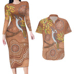 Kookaburra Aboriginal Dot Painting Couples Matching Long Sleeve Bodycon Dress and Hawaiian Shirt