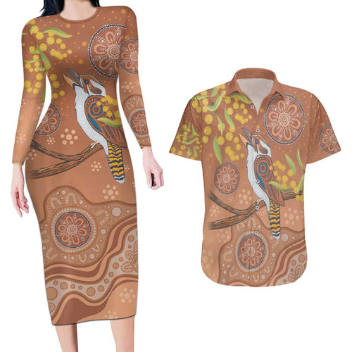 Kookaburra Aboriginal Dot Painting Couples Matching Long Sleeve Bodycon Dress and Hawaiian Shirt