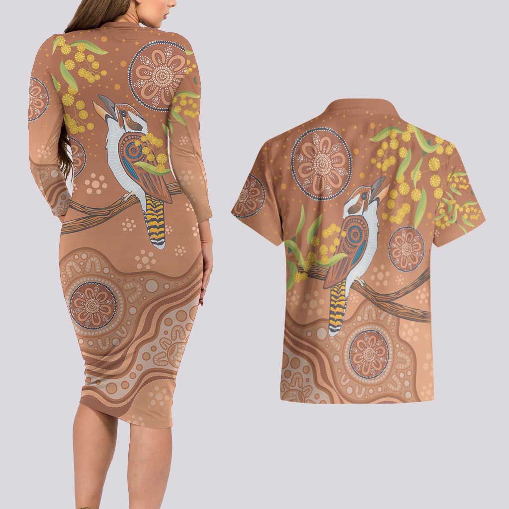 Kookaburra Aboriginal Dot Painting Couples Matching Long Sleeve Bodycon Dress and Hawaiian Shirt