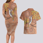 Kookaburra Aboriginal Dot Painting Couples Matching Long Sleeve Bodycon Dress and Hawaiian Shirt