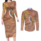 Kookaburra Aboriginal Dot Painting Couples Matching Long Sleeve Bodycon Dress and Long Sleeve Button Shirt