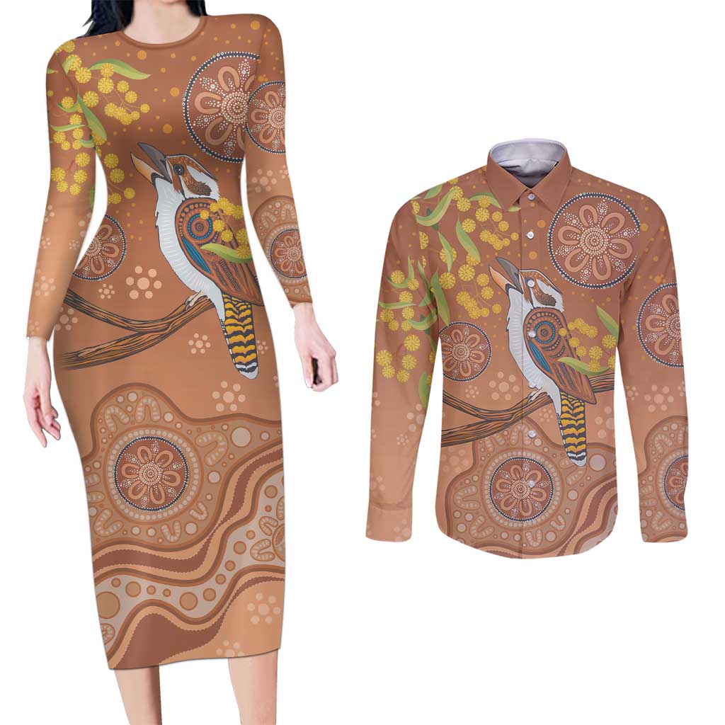 Kookaburra Aboriginal Dot Painting Couples Matching Long Sleeve Bodycon Dress and Long Sleeve Button Shirt