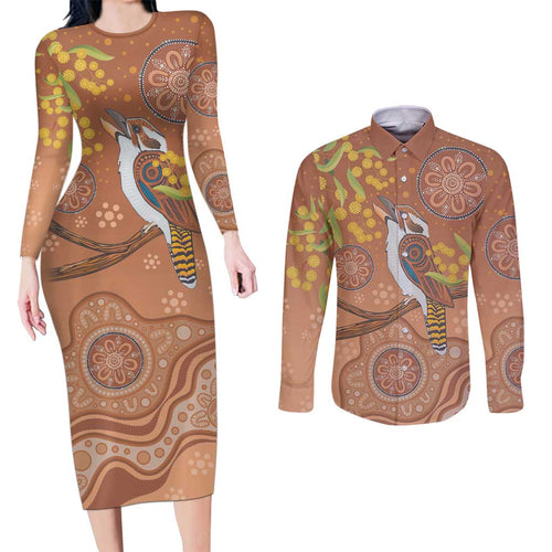 Kookaburra Aboriginal Dot Painting Couples Matching Long Sleeve Bodycon Dress and Long Sleeve Button Shirt