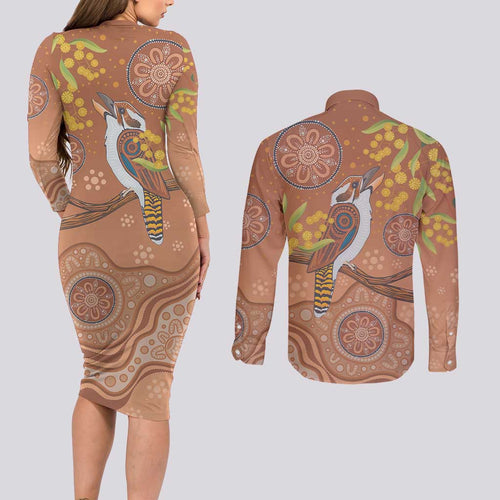Kookaburra Aboriginal Dot Painting Couples Matching Long Sleeve Bodycon Dress and Long Sleeve Button Shirt