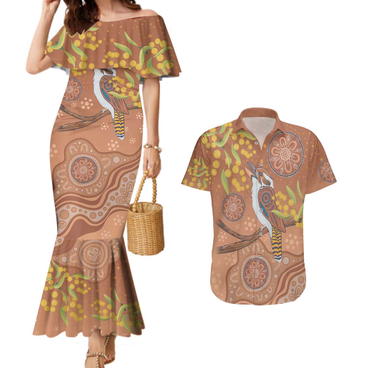 Kookaburra Aboriginal Dot Painting Couples Matching Mermaid Dress and Hawaiian Shirt