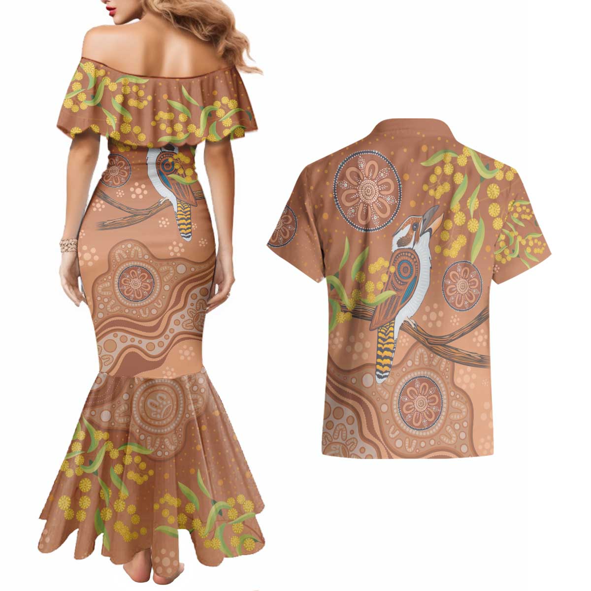Kookaburra Aboriginal Dot Painting Couples Matching Mermaid Dress and Hawaiian Shirt