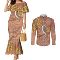 Kookaburra Aboriginal Dot Painting Couples Matching Mermaid Dress and Long Sleeve Button Shirt