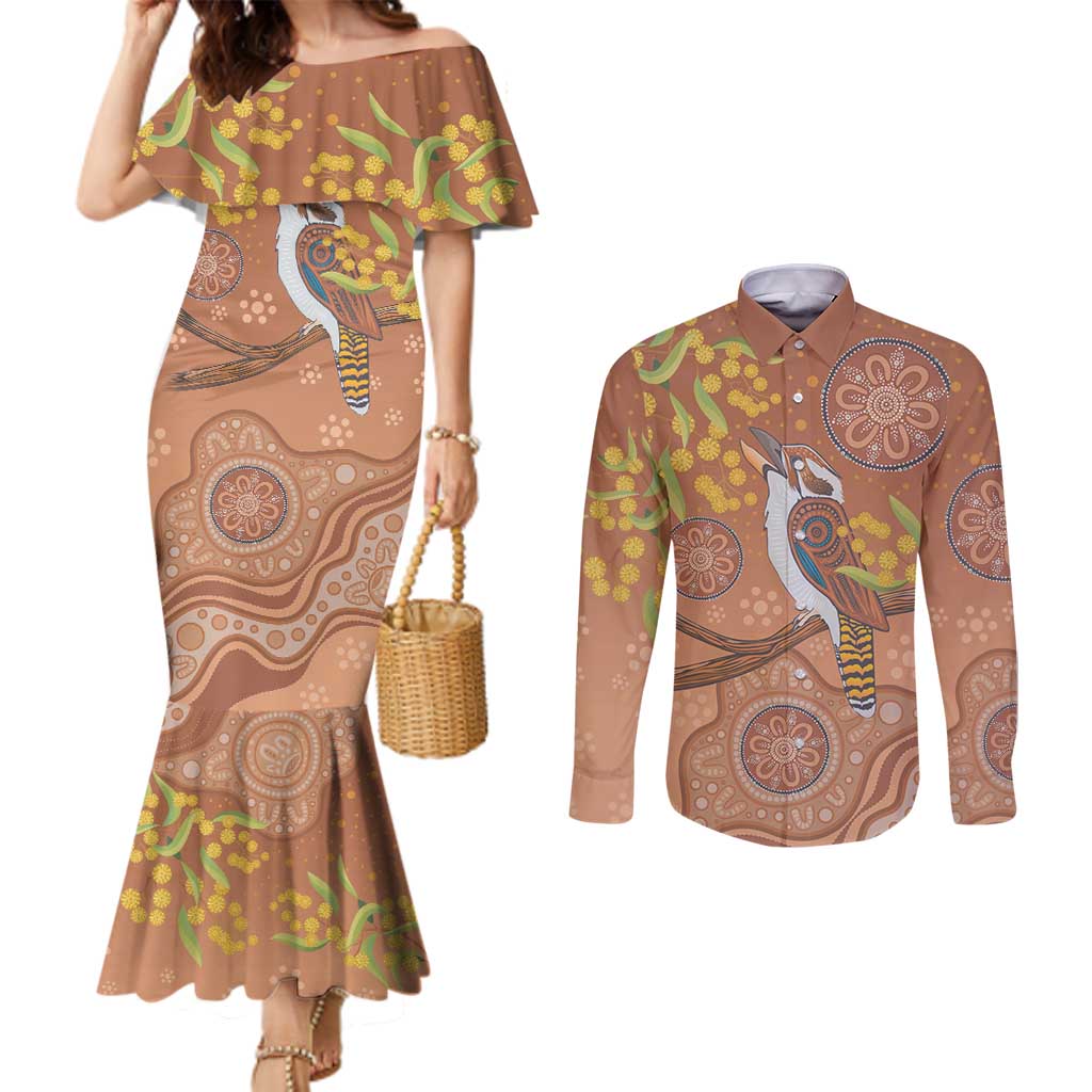 Kookaburra Aboriginal Dot Painting Couples Matching Mermaid Dress and Long Sleeve Button Shirt