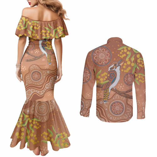 Kookaburra Aboriginal Dot Painting Couples Matching Mermaid Dress and Long Sleeve Button Shirt