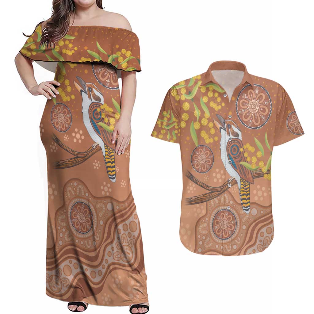 Kookaburra Aboriginal Dot Painting Couples Matching Off Shoulder Maxi Dress and Hawaiian Shirt