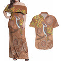 Kookaburra Aboriginal Dot Painting Couples Matching Off Shoulder Maxi Dress and Hawaiian Shirt
