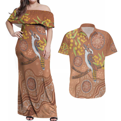 Kookaburra Aboriginal Dot Painting Couples Matching Off Shoulder Maxi Dress and Hawaiian Shirt