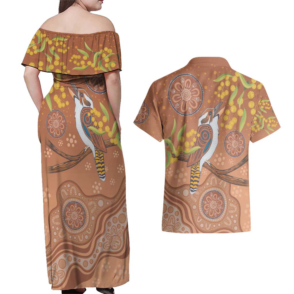 Kookaburra Aboriginal Dot Painting Couples Matching Off Shoulder Maxi Dress and Hawaiian Shirt