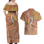 Kookaburra Aboriginal Dot Painting Couples Matching Off Shoulder Maxi Dress and Hawaiian Shirt