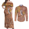 Kookaburra Aboriginal Dot Painting Couples Matching Off Shoulder Maxi Dress and Long Sleeve Button Shirt