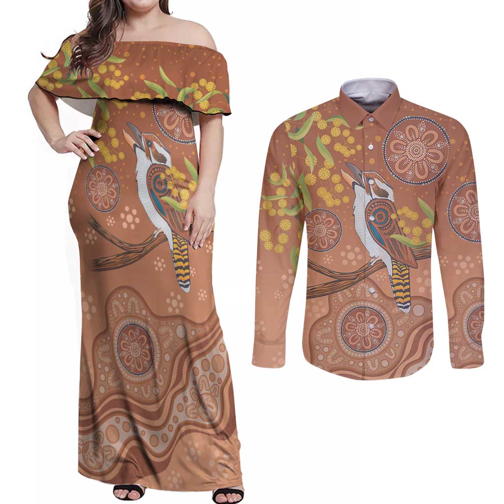 Kookaburra Aboriginal Dot Painting Couples Matching Off Shoulder Maxi Dress and Long Sleeve Button Shirt