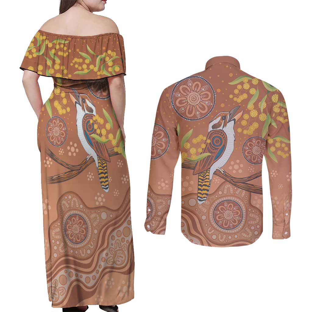 Kookaburra Aboriginal Dot Painting Couples Matching Off Shoulder Maxi Dress and Long Sleeve Button Shirt