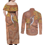 Kookaburra Aboriginal Dot Painting Couples Matching Off Shoulder Maxi Dress and Long Sleeve Button Shirt
