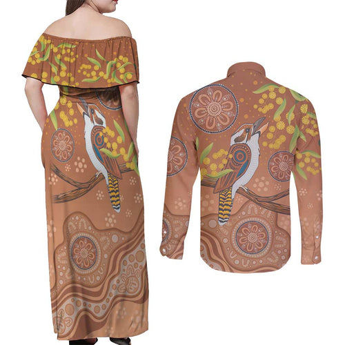 Kookaburra Aboriginal Dot Painting Couples Matching Off Shoulder Maxi Dress and Long Sleeve Button Shirt