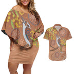 Kookaburra Aboriginal Dot Painting Couples Matching Off Shoulder Short Dress and Hawaiian Shirt