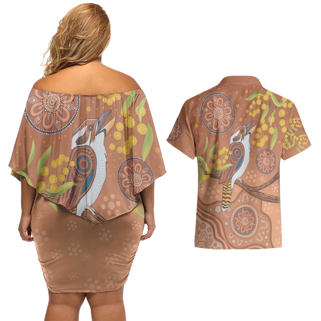 Kookaburra Aboriginal Dot Painting Couples Matching Off Shoulder Short Dress and Hawaiian Shirt