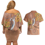 Kookaburra Aboriginal Dot Painting Couples Matching Off Shoulder Short Dress and Hawaiian Shirt