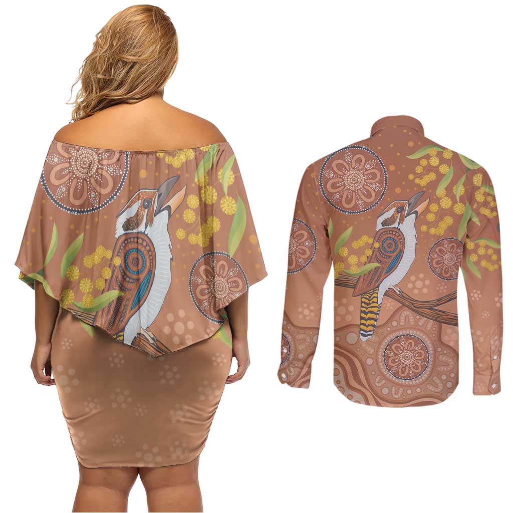 Kookaburra Aboriginal Dot Painting Couples Matching Off Shoulder Short Dress and Long Sleeve Button Shirt