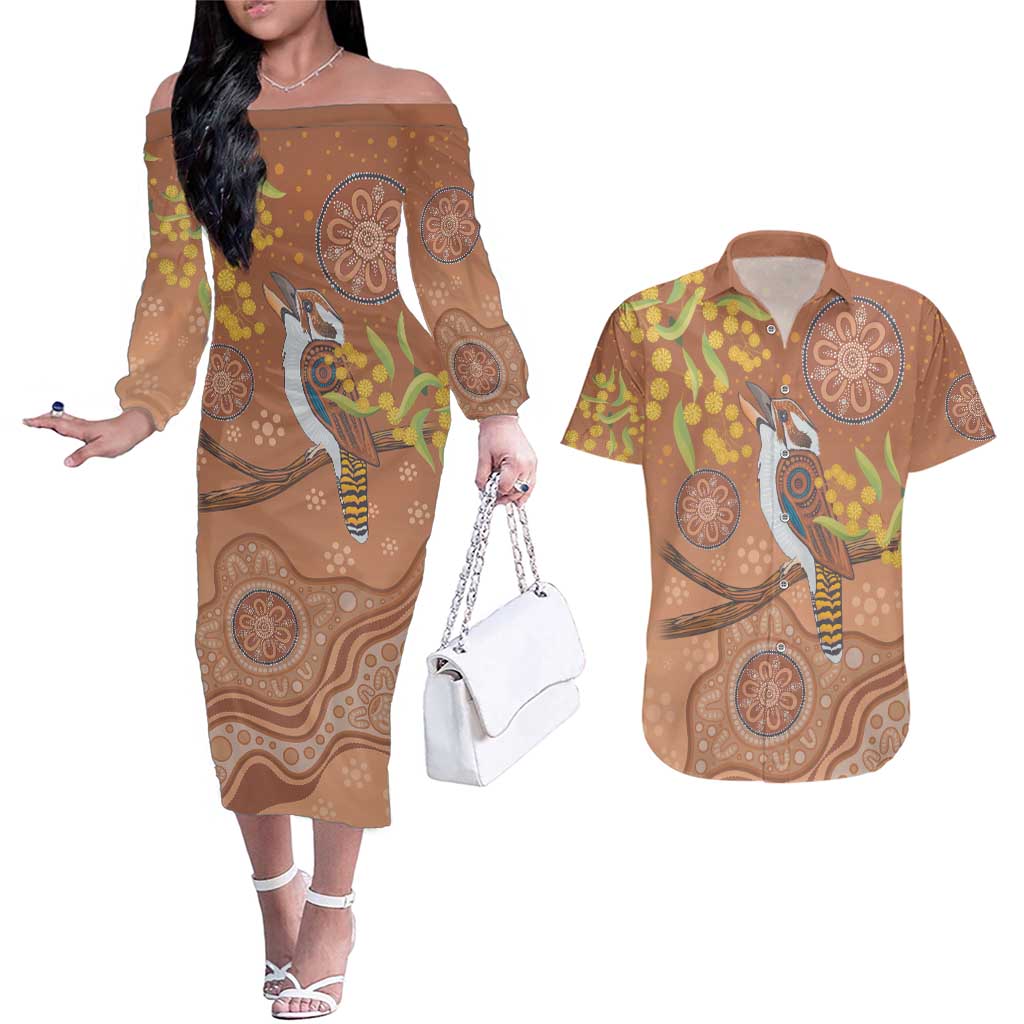 Kookaburra Aboriginal Dot Painting Couples Matching Off The Shoulder Long Sleeve Dress and Hawaiian Shirt