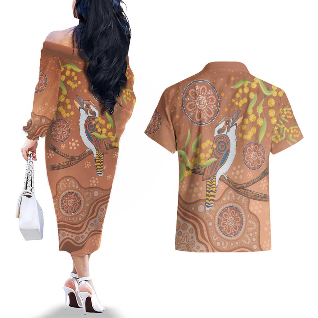 Kookaburra Aboriginal Dot Painting Couples Matching Off The Shoulder Long Sleeve Dress and Hawaiian Shirt