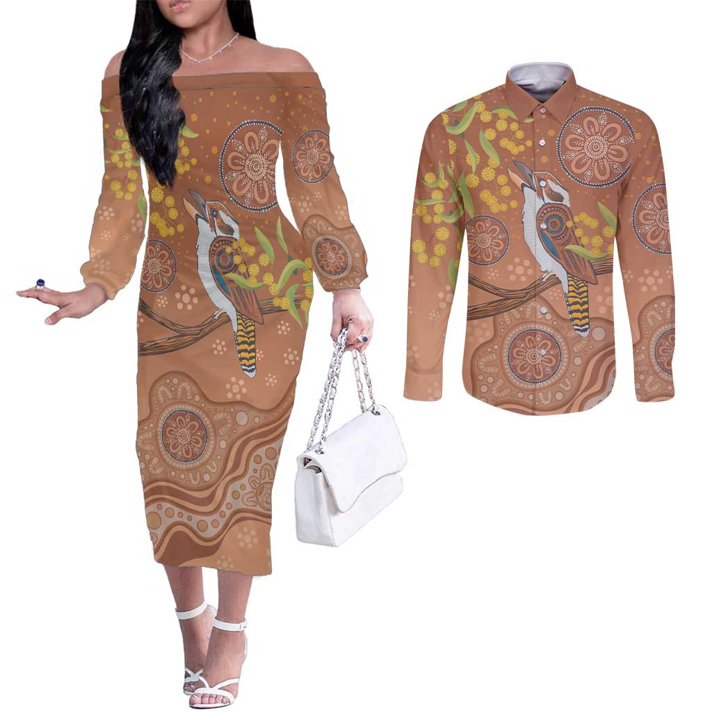 Kookaburra Aboriginal Dot Painting Couples Matching Off The Shoulder Long Sleeve Dress and Long Sleeve Button Shirt