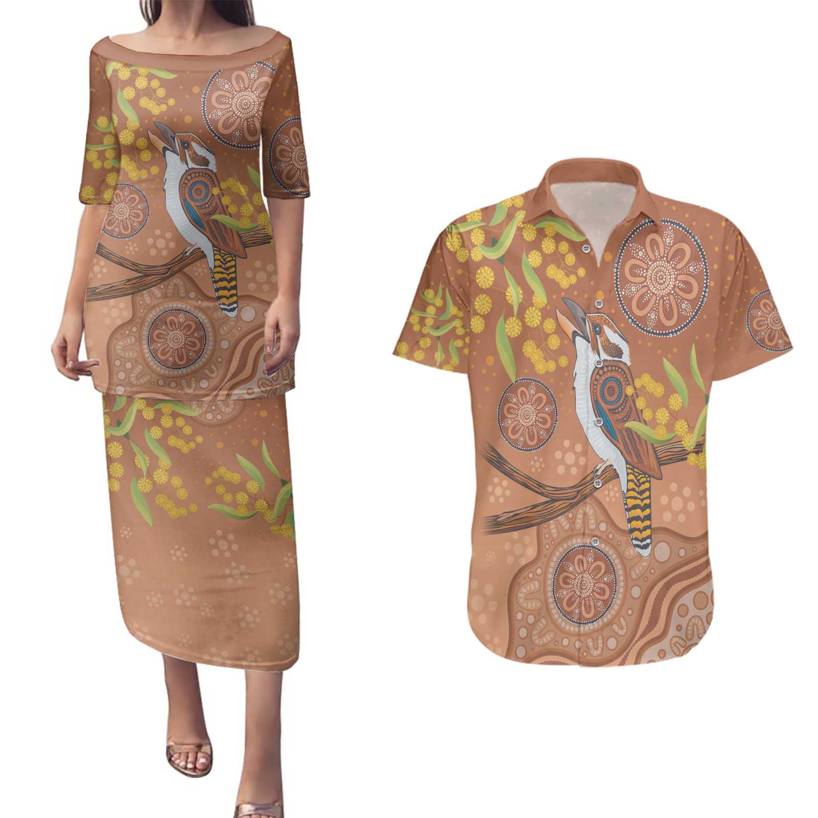 Kookaburra Aboriginal Dot Painting Couples Matching Puletasi and Hawaiian Shirt
