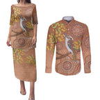 Kookaburra Aboriginal Dot Painting Couples Matching Puletasi and Long Sleeve Button Shirt