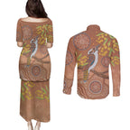 Kookaburra Aboriginal Dot Painting Couples Matching Puletasi and Long Sleeve Button Shirt