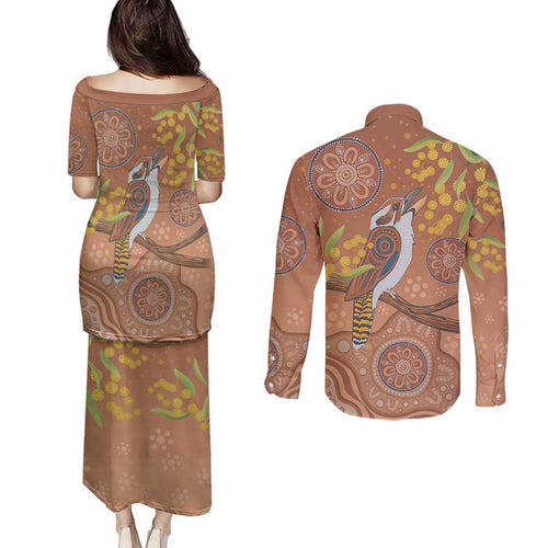 Kookaburra Aboriginal Dot Painting Couples Matching Puletasi and Long Sleeve Button Shirt