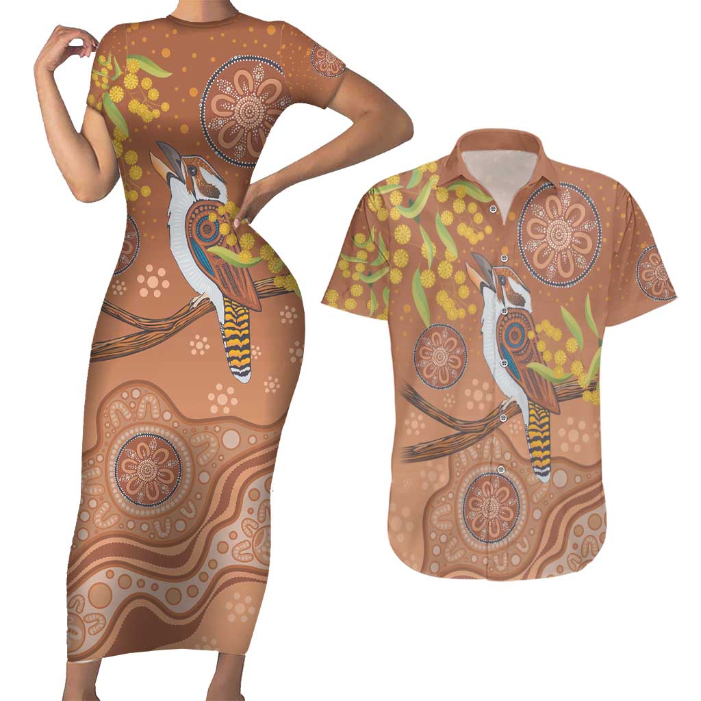 Kookaburra Aboriginal Dot Painting Couples Matching Short Sleeve Bodycon Dress and Hawaiian Shirt