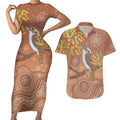 Kookaburra Aboriginal Dot Painting Couples Matching Short Sleeve Bodycon Dress and Hawaiian Shirt
