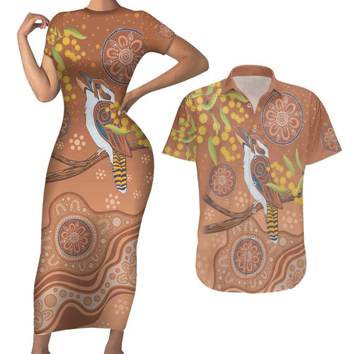 Kookaburra Aboriginal Dot Painting Couples Matching Short Sleeve Bodycon Dress and Hawaiian Shirt