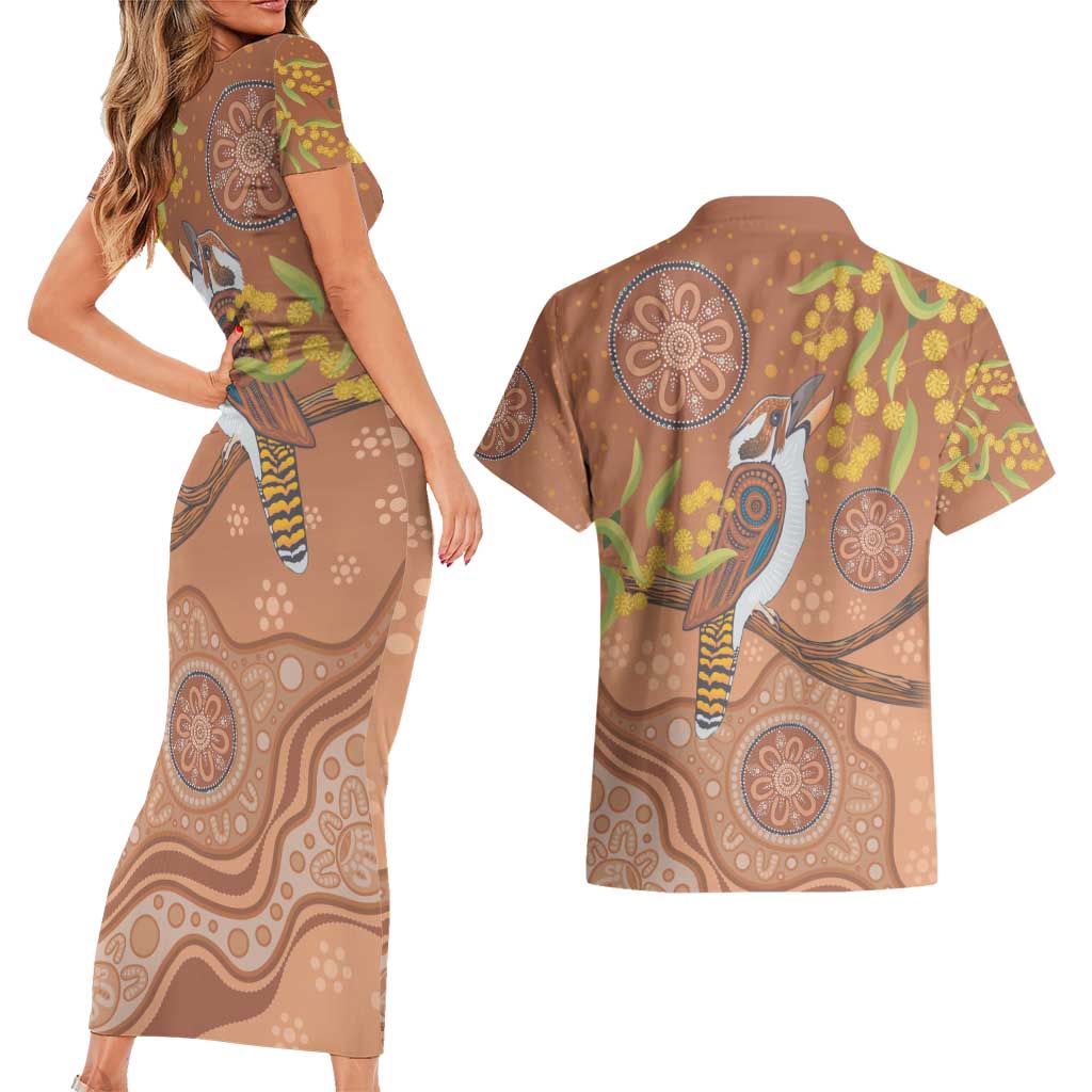Kookaburra Aboriginal Dot Painting Couples Matching Short Sleeve Bodycon Dress and Hawaiian Shirt